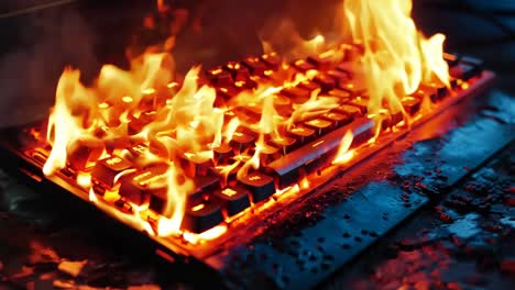 a computer keyboard on fire on a table