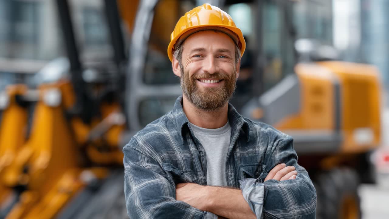 Confident Construction Worker Smiling in Front of Heavy Machinery, Showcasing Safety Gear and Professional Attitude in a Bright Urban Environment