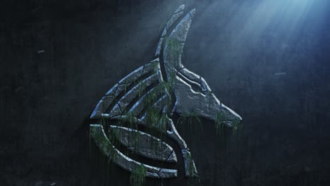 high quality dramatic motion graphic of an egyptian god anubis icon symbol, rapidly eroding and cracking and sprouting moss and weeds, with atmospheric light rays and dust motes