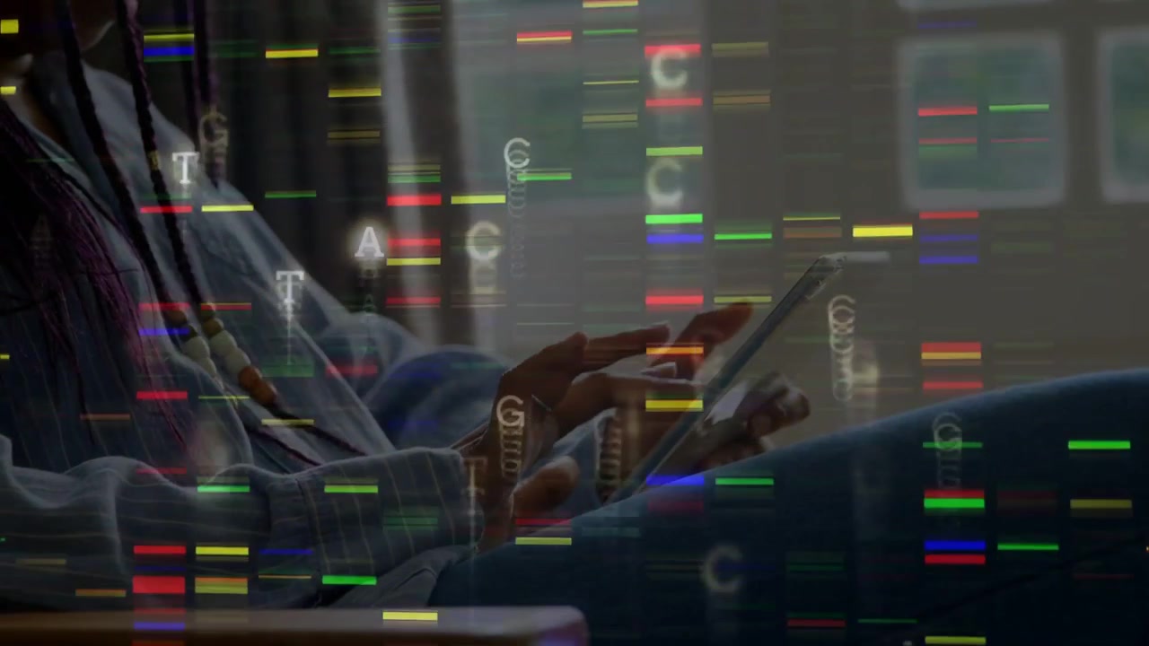 Woman tapping tablet on lap initiating genetics visuals, bars and letters growing across frame