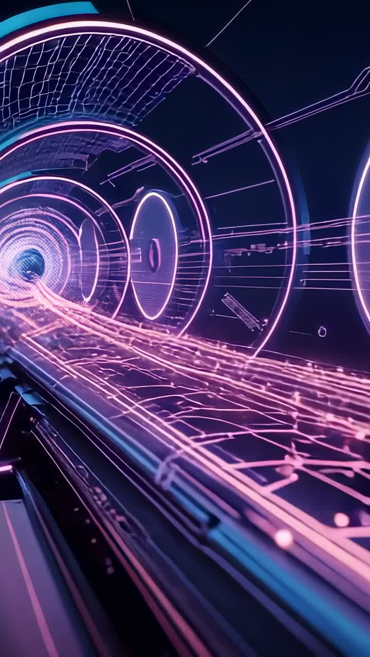 Vertical video: Camera moving through neon corridor, heading toward vortex with rings and trails