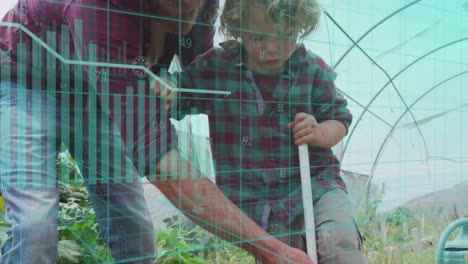 Animation-of-financial-data-processing-over-caucasian-man-and-his-son-working-in-garden