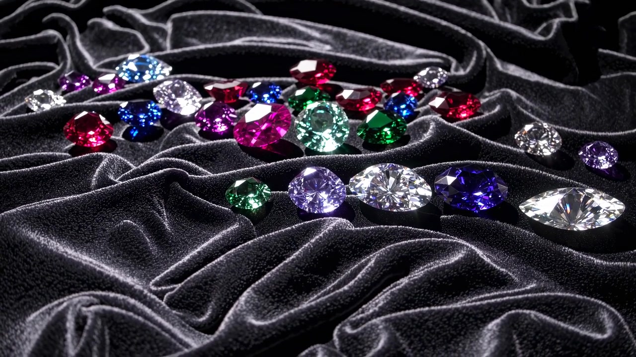 Colorful Gemstones Sparkling on Dark Velvet Fabric