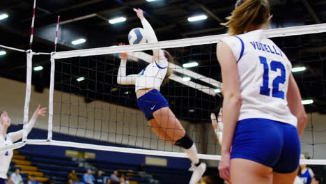 dynamic action shots from a women's indoor volleyball game