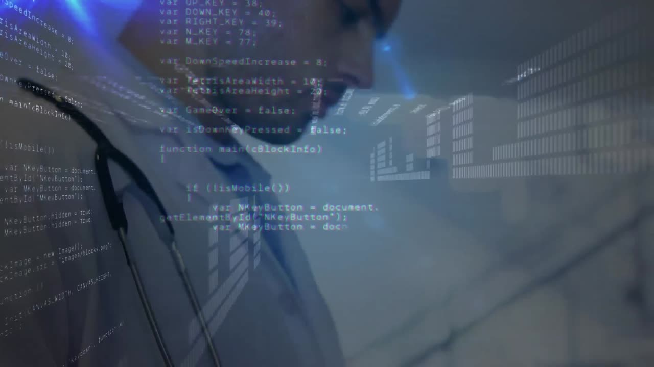 Blå glødende lysflekker og databehandling mot en mannlig lege som bruker et nettbrett.