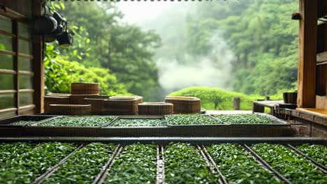tea leaves drying in a traditional setting