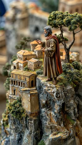 figure on a cliff overlooks a detailed village below