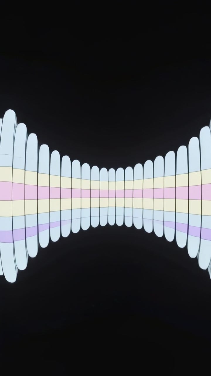 Vertical video: Looping rounded bars bulging pinching center on black, with pastel bands pulsing