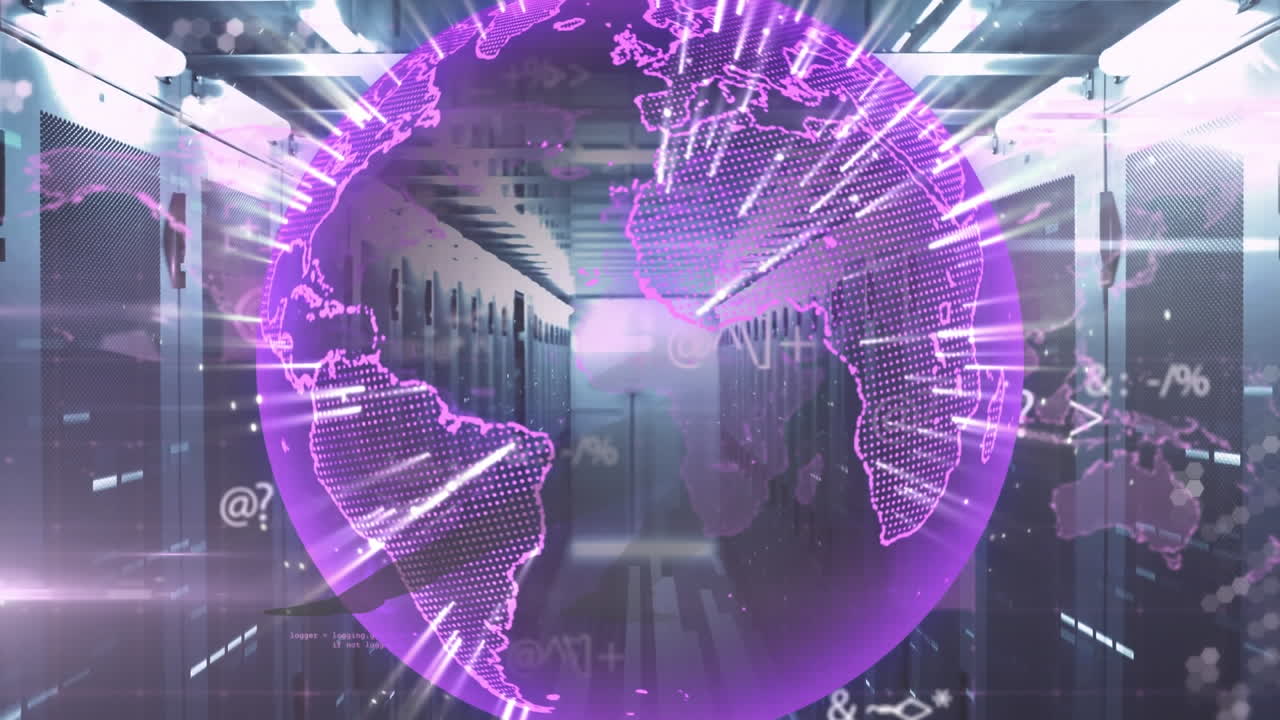 animación del procesamiento de datos y globo sobre servidores informáticos