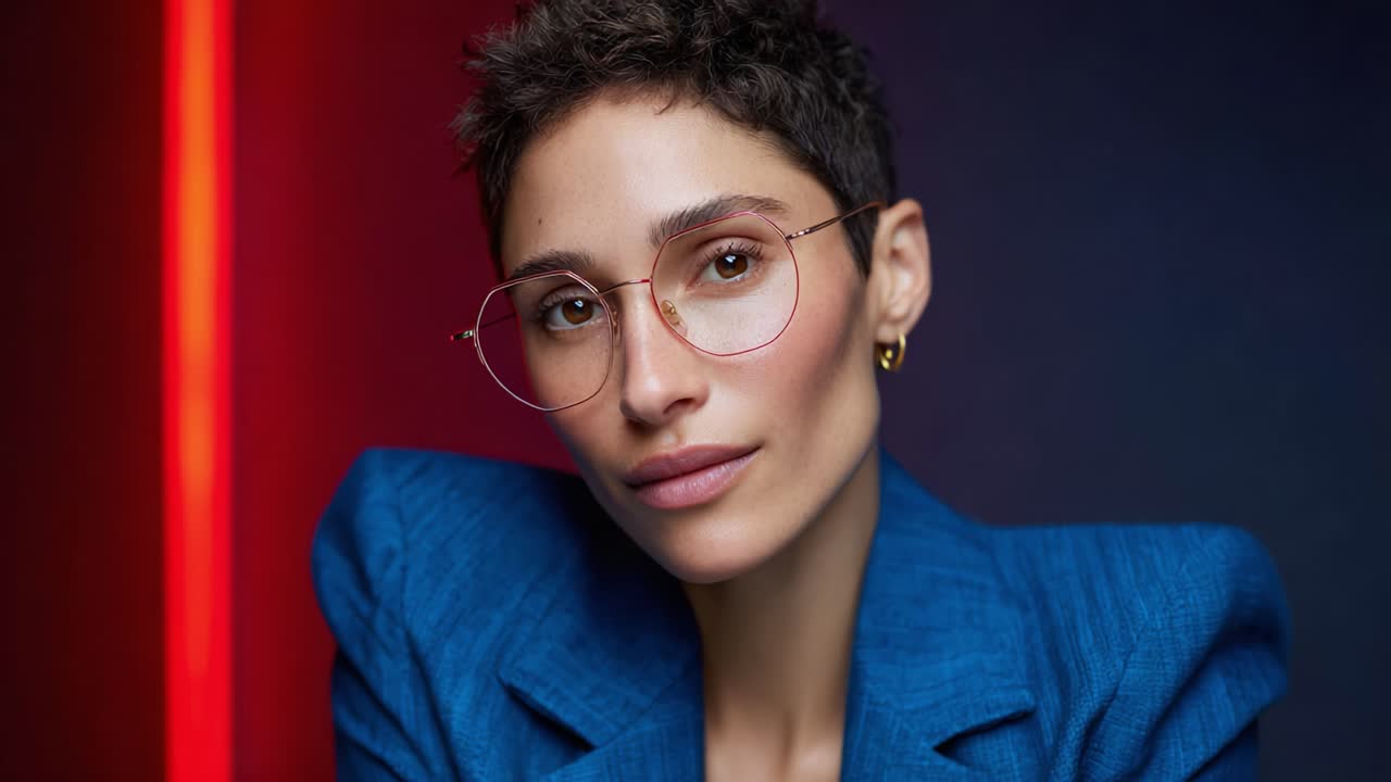 Striking Portrait of a Confident Individual with a Modern Aesthetic Featuring Stylish Glasses and a Bold Fashion Statement Against a Dramatic Background