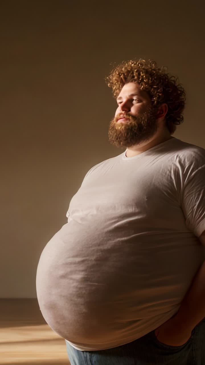 A thoughtful individual with a distinguishing physique stands in soft lighting, expressing contemplation and confidence, showcasing a unique perspective on body image