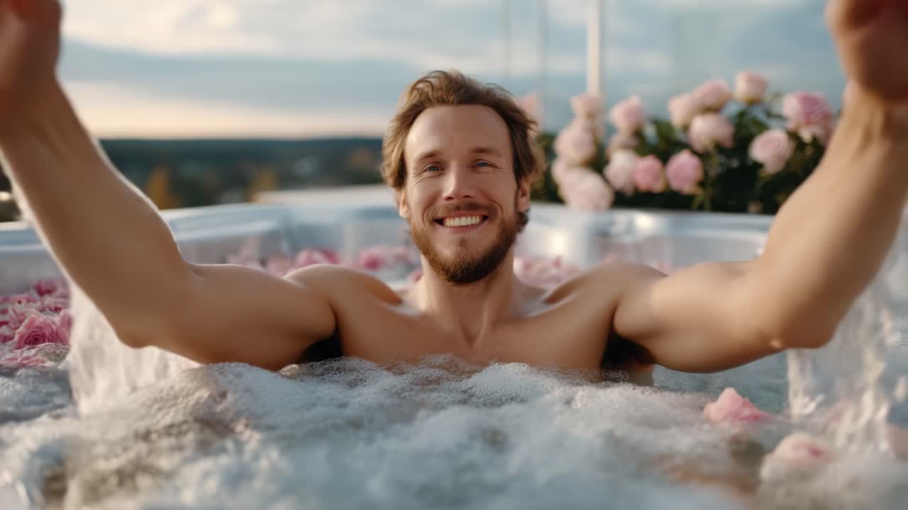 Un'esperienza spa rilassante: un uomo in una vasca da bagno circondato da petali di rosa e bolle, che si gode l'atmosfera tranquilla di un bellissimo tramonto.