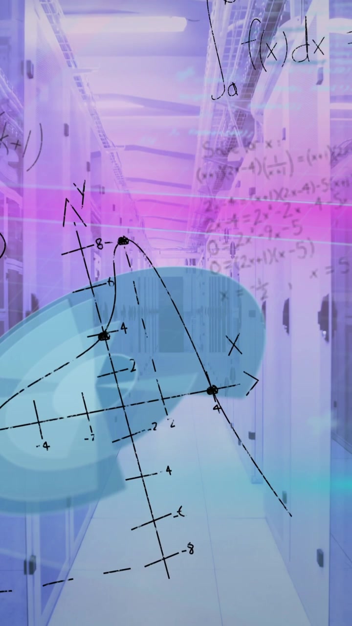 Animation of mathematical equations and data processing against computer server room