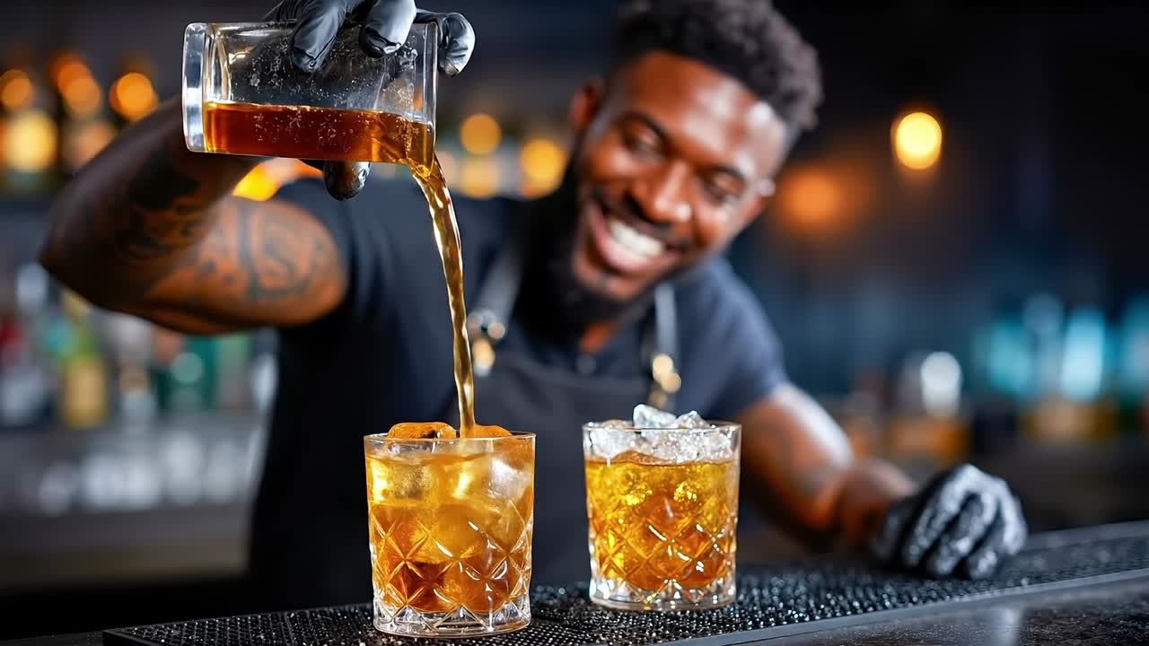 Un barista che versa un drink in due bicchieri in un bar