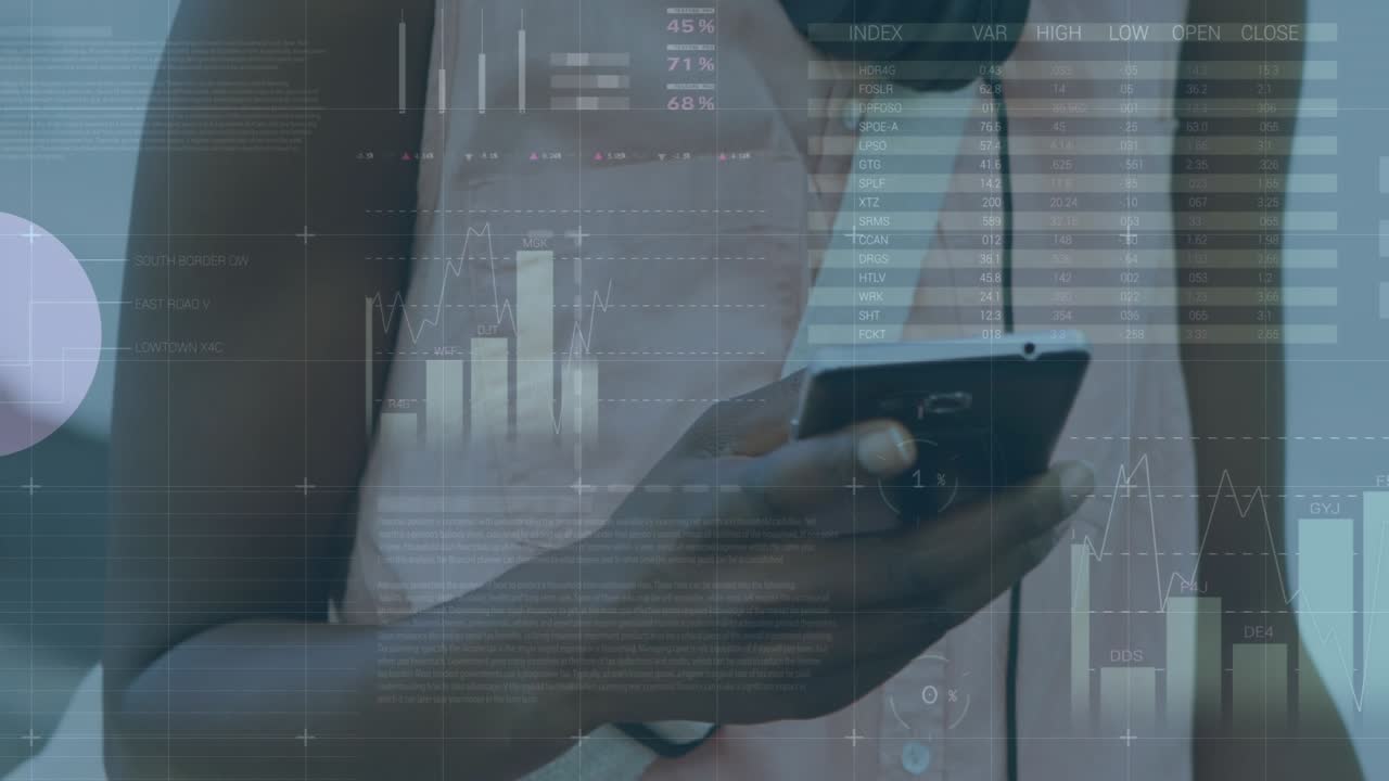 Animation of financial graphs and data over happy fit african american woman using smartphone