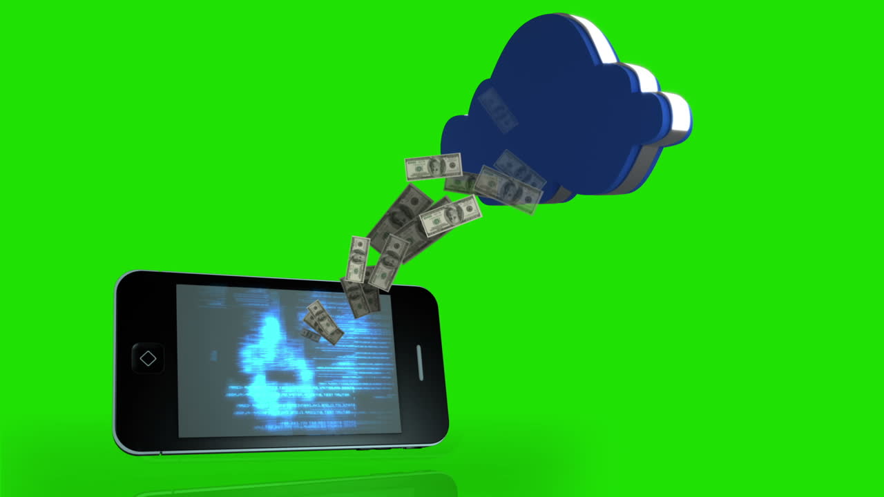 dinero saliendo de un teléfono inteligente y viniendo en una nube en el fondo de la pantalla verde