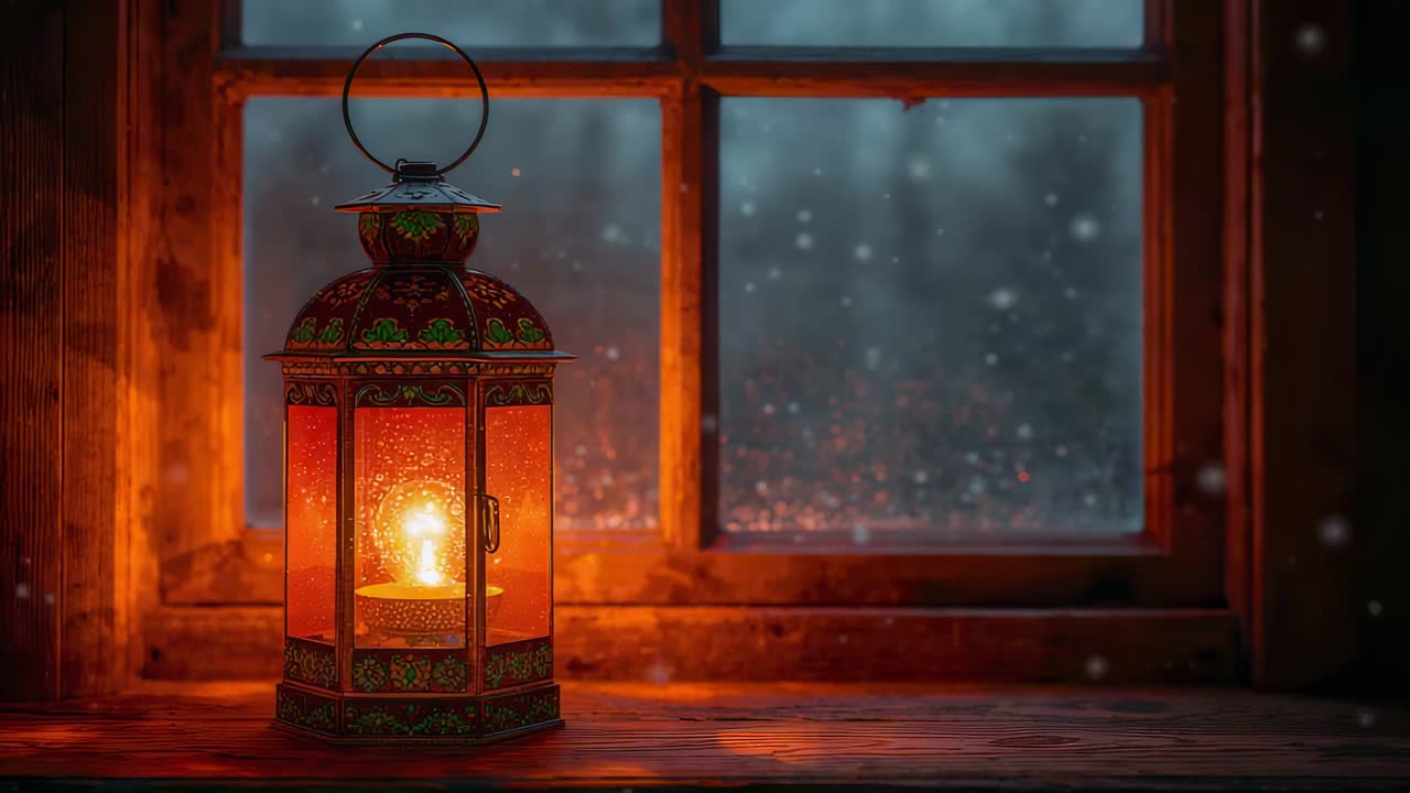 Inner light flickering glowing lantern casting glow on wood sill, fogged 4-pane window, copy space