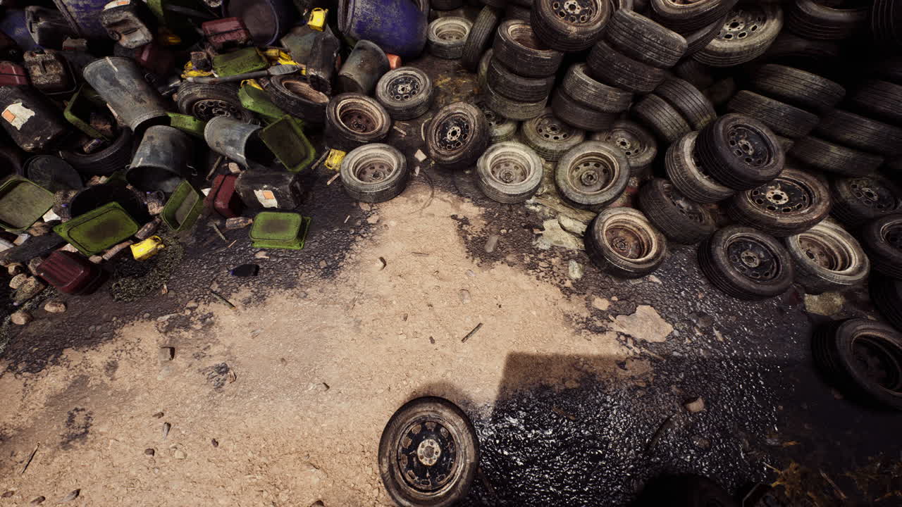 Abandoned tires and waste containers at a junkyard on a cloudy day