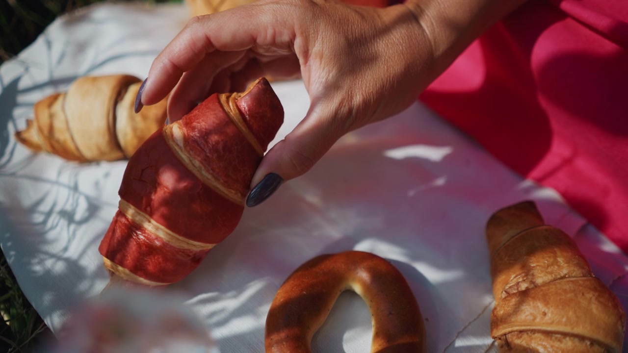 Woman hand with dark nail polish reaches for golden brown croissant and bagel on white cloth surrounded by other pastries in soft daylight. scene features close up details of baked goods