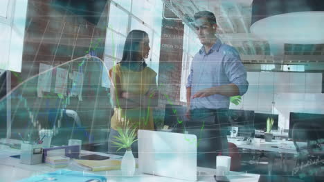 discussing financial data animation, business professionals in modern office setting