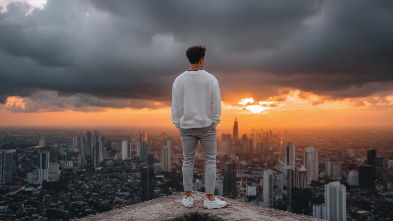 A solitary figure gazes at a breathtaking sunset over a sprawling urban landscape, as the vibrant orange hues illuminate the clouds and city skyline, capturing a moment of reflection and awe
