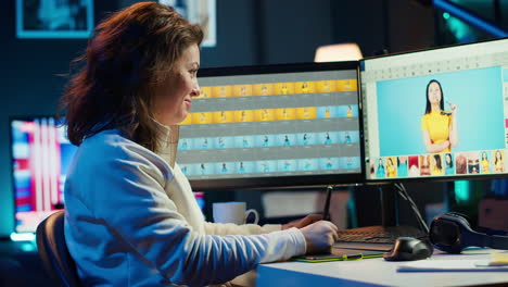 photographer using computer to perform editing operations, drinking coffee