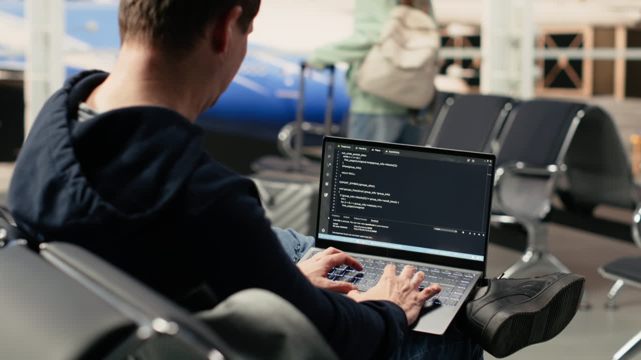 Man Typing Code on Laptop in Airport Waiting Area