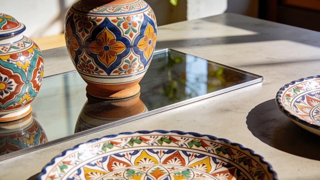 Sliding camera focusing on tabletop at kitchen window, revealing plate and jar reflection on tray