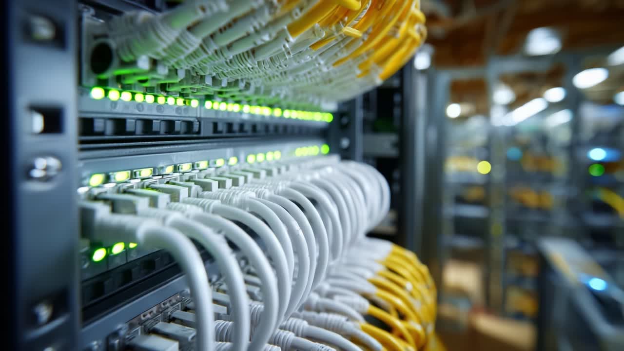 Network Infrastructure: Detailed View of Ethernet Cables and Switches Illuminated with Status Indicators in a Data Center Environment