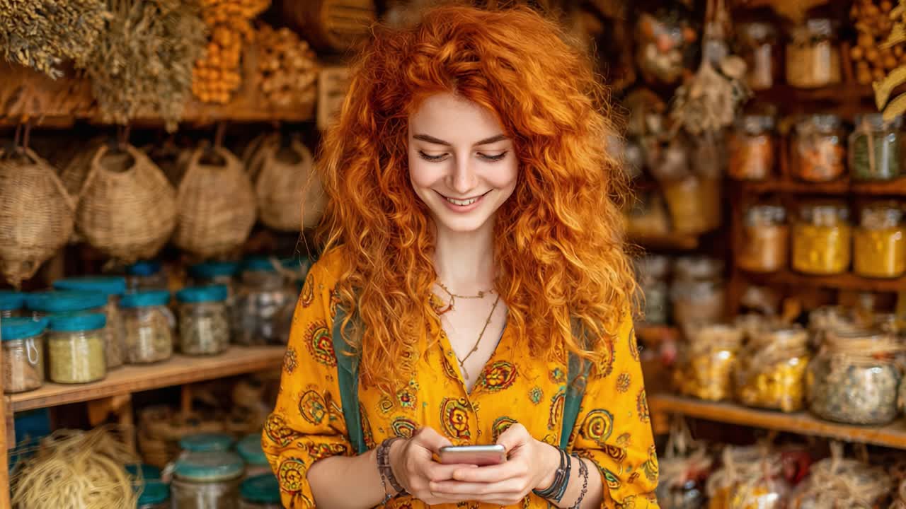 Cheerful Young Woman with Vibrant Red Hair Engaged in Her Smartphone in a Cozy Market Filled with Natural Products and Colorful Jars