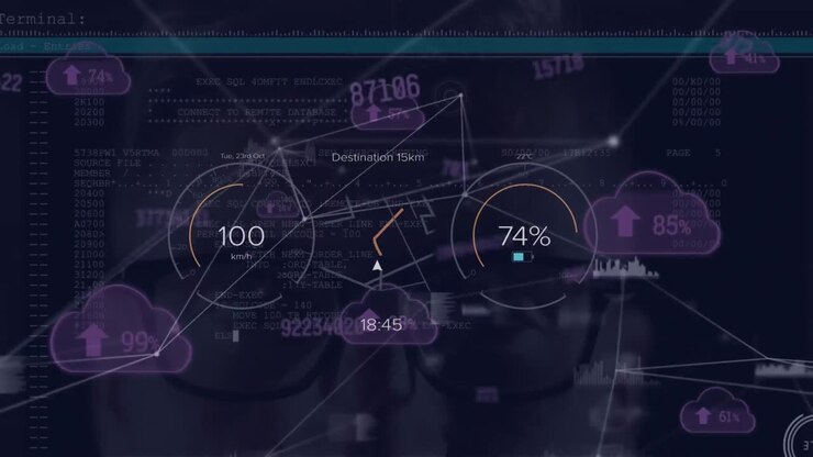 Animation of speedometer, battery, connected icons with numbers over portrait of caucasian man