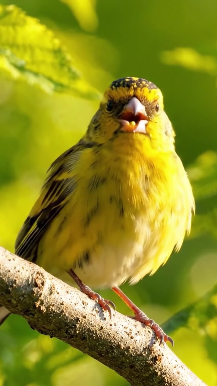 Un vivace uccello giallo che canta gioiosamente appollaiato su un ramo, catturando l'essenza della bellezza della natura alla luce del mattino.