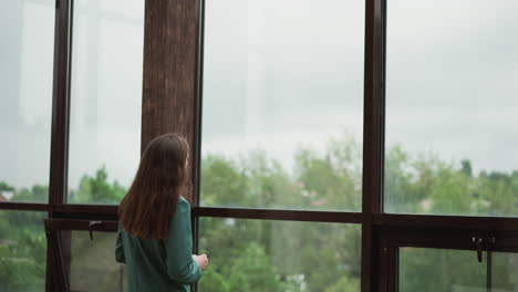 woman in charge stares out office window . series of negative reviews from influential stakeholders rattles confidence in woman reputation and future prospects