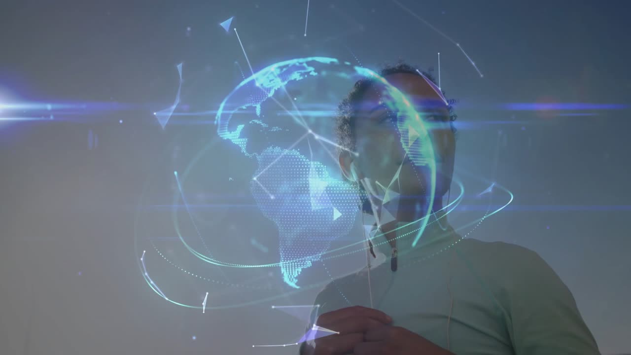 Woman securing headphones and activating holographic globe emerging for tech insight