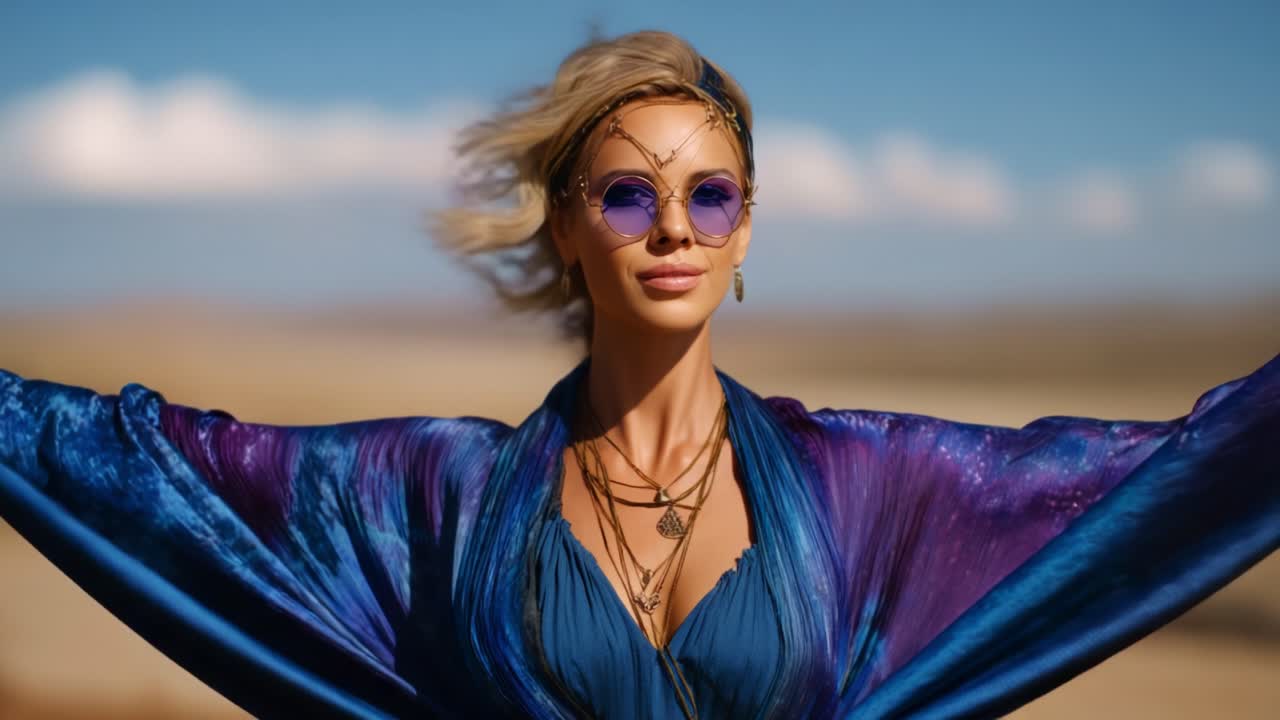 Elegant model in vibrant blue attire with sunglasses and flowing fabric, exuding confidence against a backdrop of serene nature and clear skies