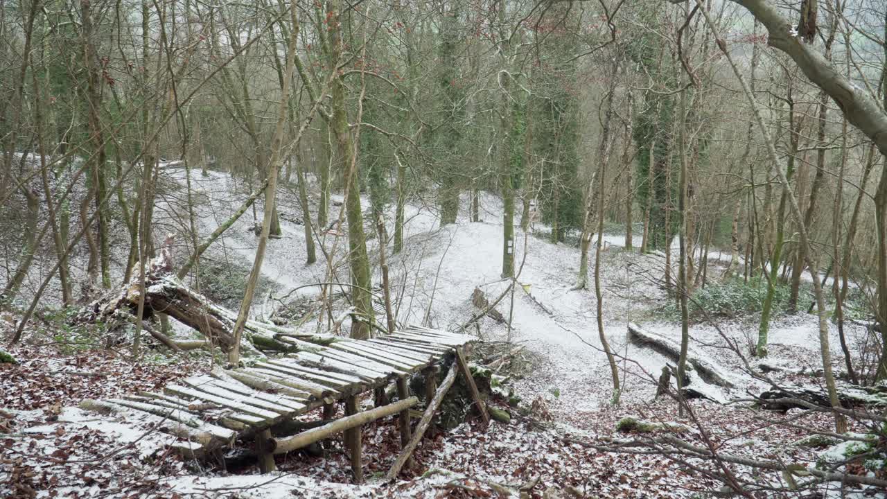 Snow Falling on Bike Trails in the Woods