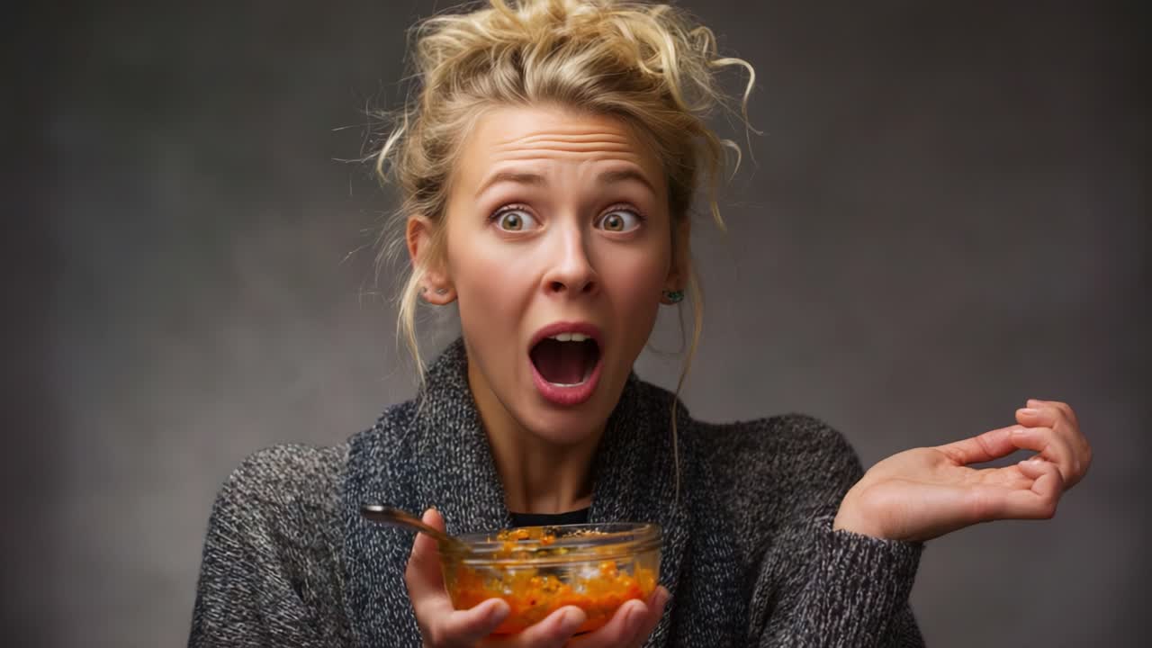 Surprised Reaction: A Woman Expresses Shock and Delight While Holding a Bowl of Food, Capturing the Joy of Unexpected Flavors in an Intimate Setting