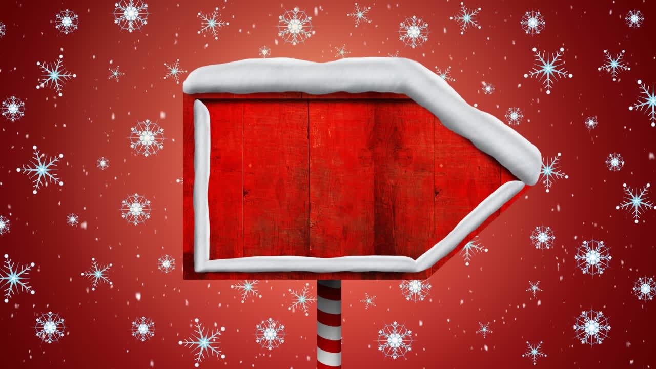 animación de copos de nieve que caen sobre un cartel de madera en blanco con espacio para copiar