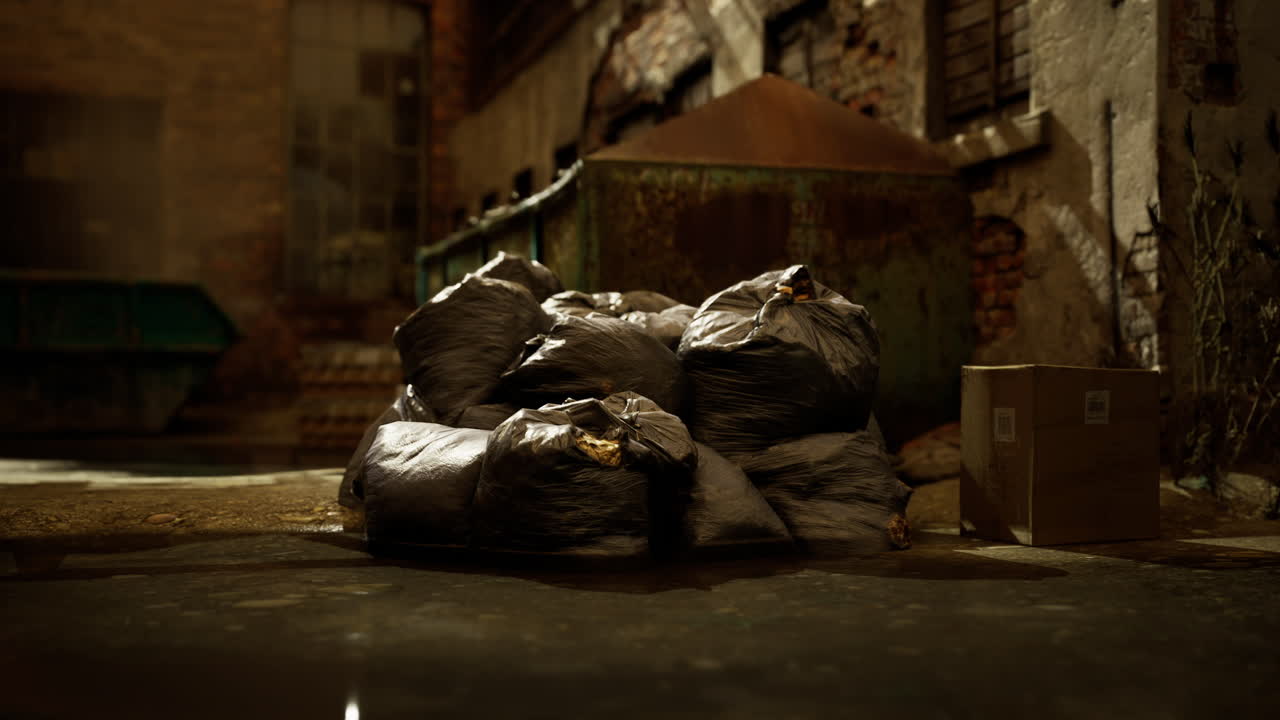 Piles of garbage bags behind an old building in a dimly lit alley