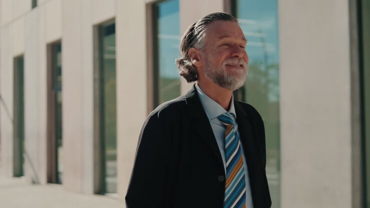 Happy Senior Businessman Walks in the City