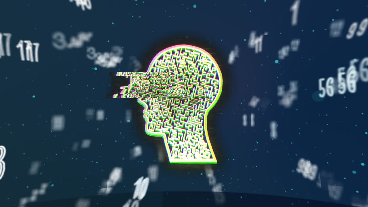 Animation of letters floating over face shape in digital space