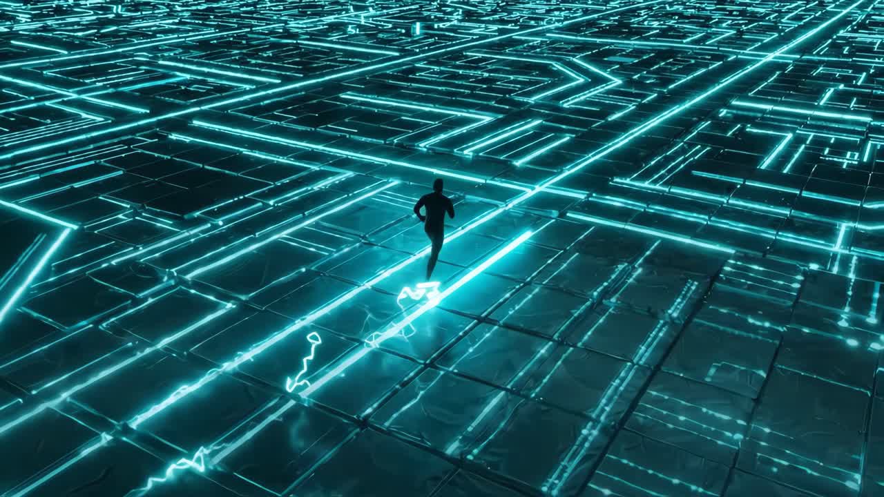 Silhouette di Persona che Corre su una Rete a Griglia Digitale Futuristica