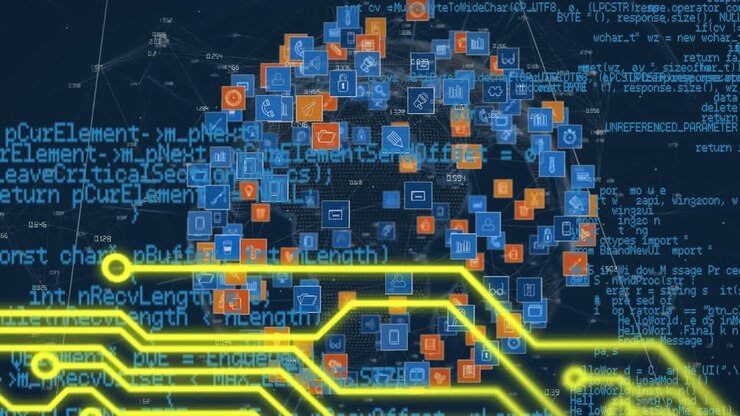 Microprocessor connections over globe of digital icons and data processing on blue background