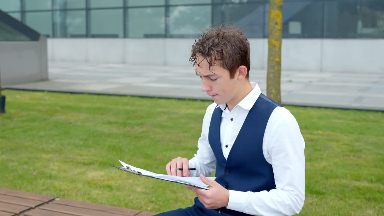 Young man in formal wear reviews documents on a park bench outdoors