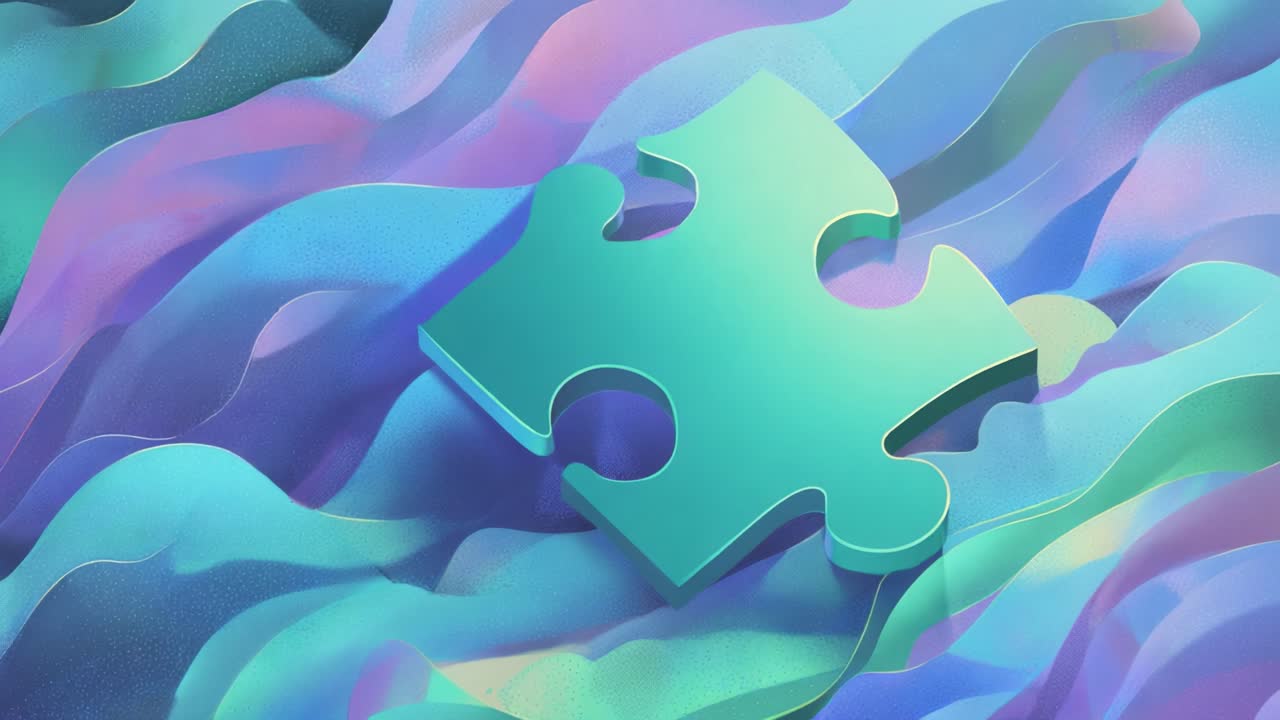Single teal jigsaw puzzle piece gently floating and rotating over a vibrant, wavy background of purple and blue hues, creating an artistic and conceptual looping animation for business solutions