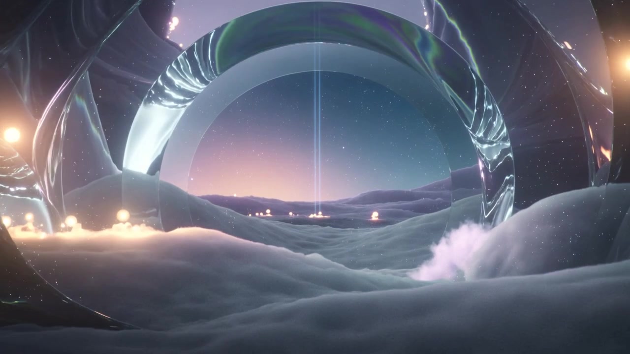 Starting camera push, shiny pearly ring revealing cloudsea in dusk sky, rising beam and lights
