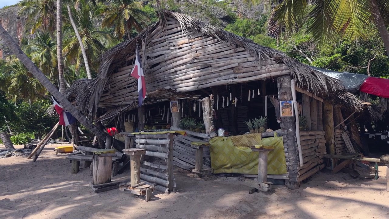 Capanna rustica in legno con tetto di foglie di palma e bandiere della Repubblica Dominicana su una spiaggia tropicale sabbiosa