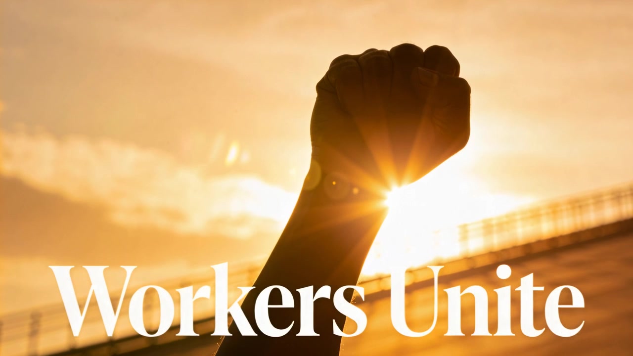 Raising fist in long sleeves on bridge, sun peeking, showing unity with Workers Unite overlay