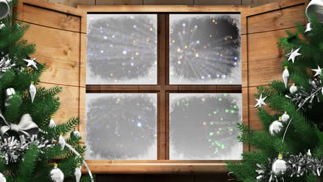 Two christmas trees and wooden window frame against fireworks exploding on black background