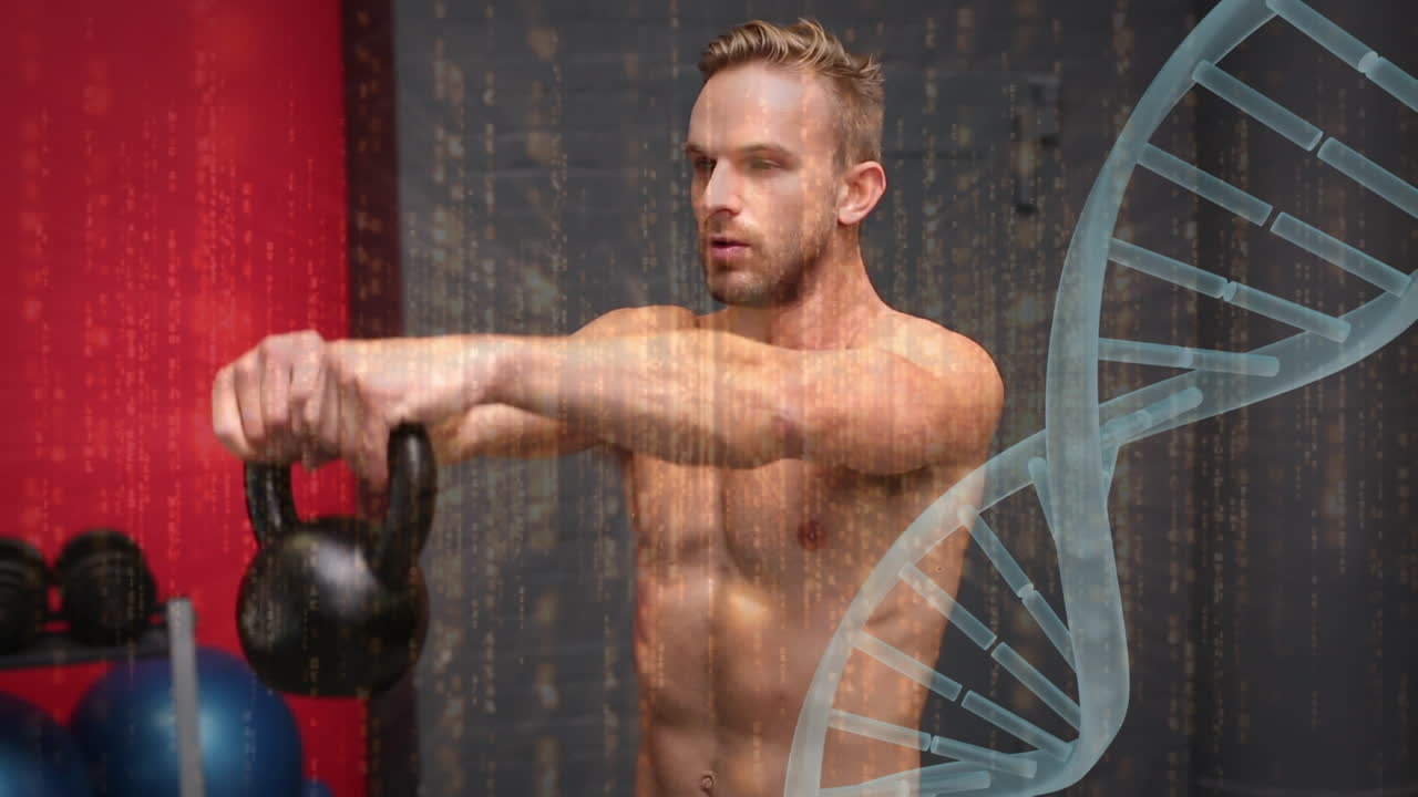 animación de la interfaz digital con cadena de adn giratoria y procesamiento de datos sobre el deportista